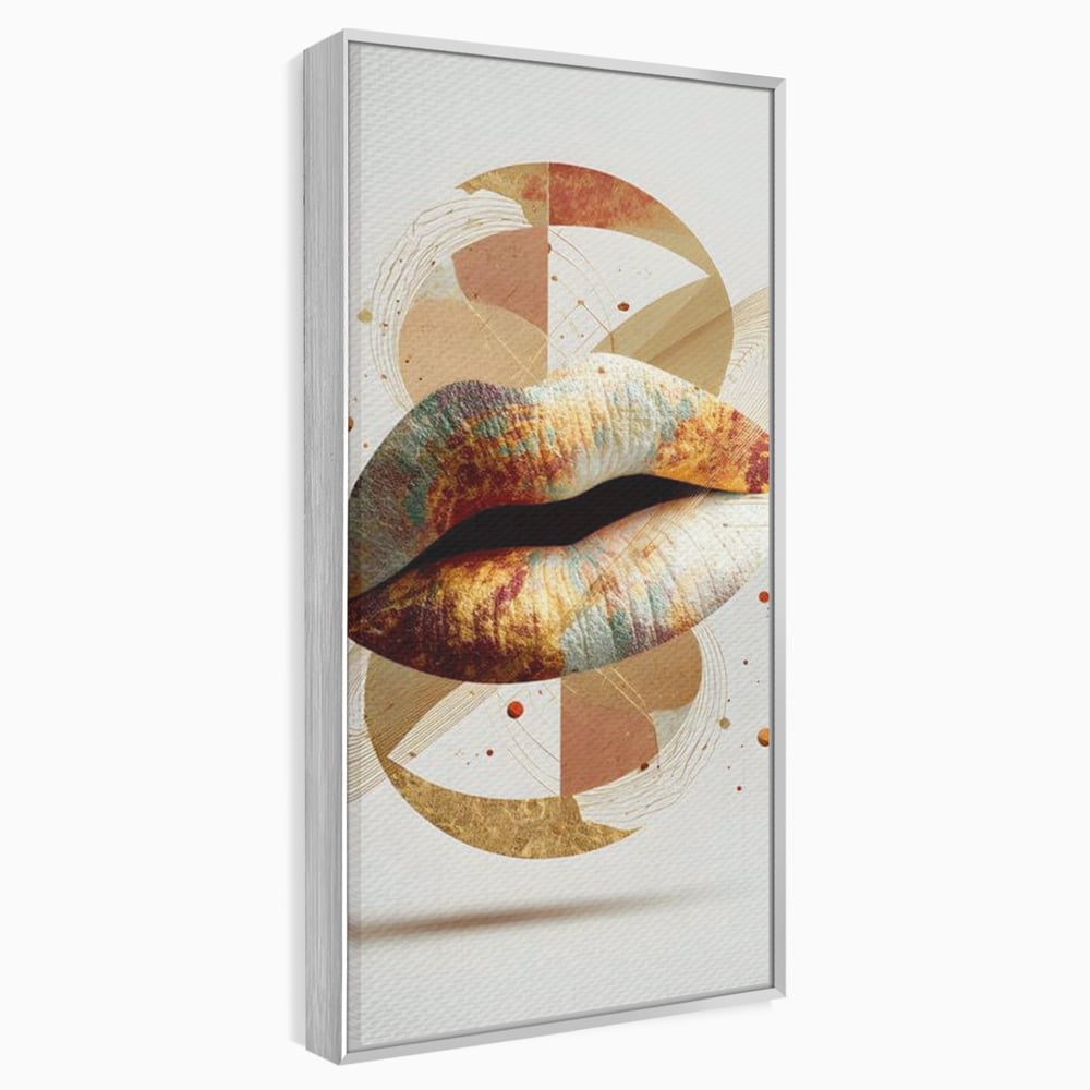 Tablou canvas cu tablou canvas cu buze aurii si forme geometrice, in rama de aluminiu argintiu